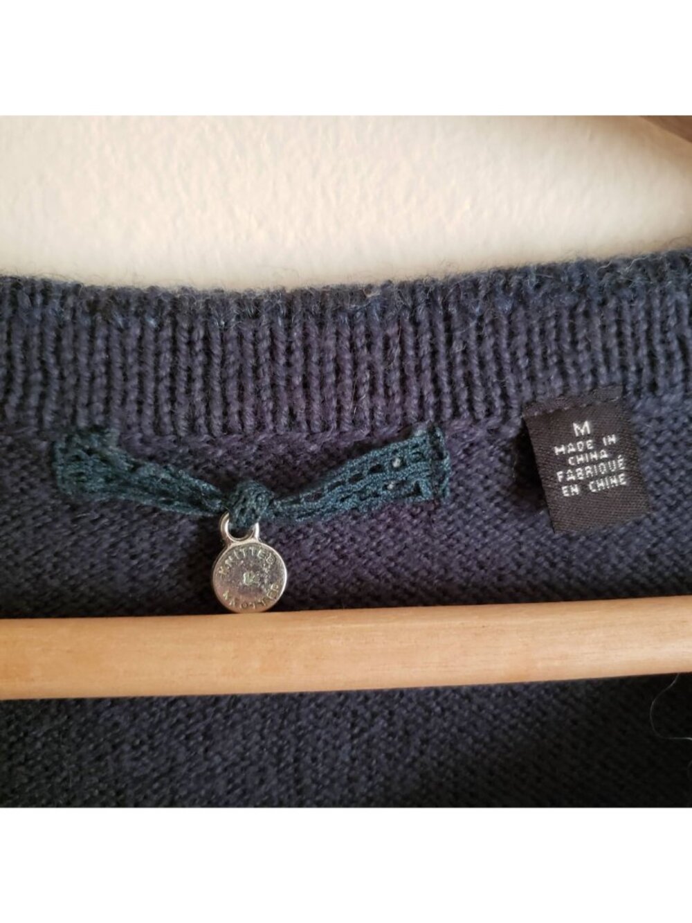 Anthropologie Crochet Wool Sweater M Dark Blue w Intricate Lace Front Pullover - Picture 2 of 10